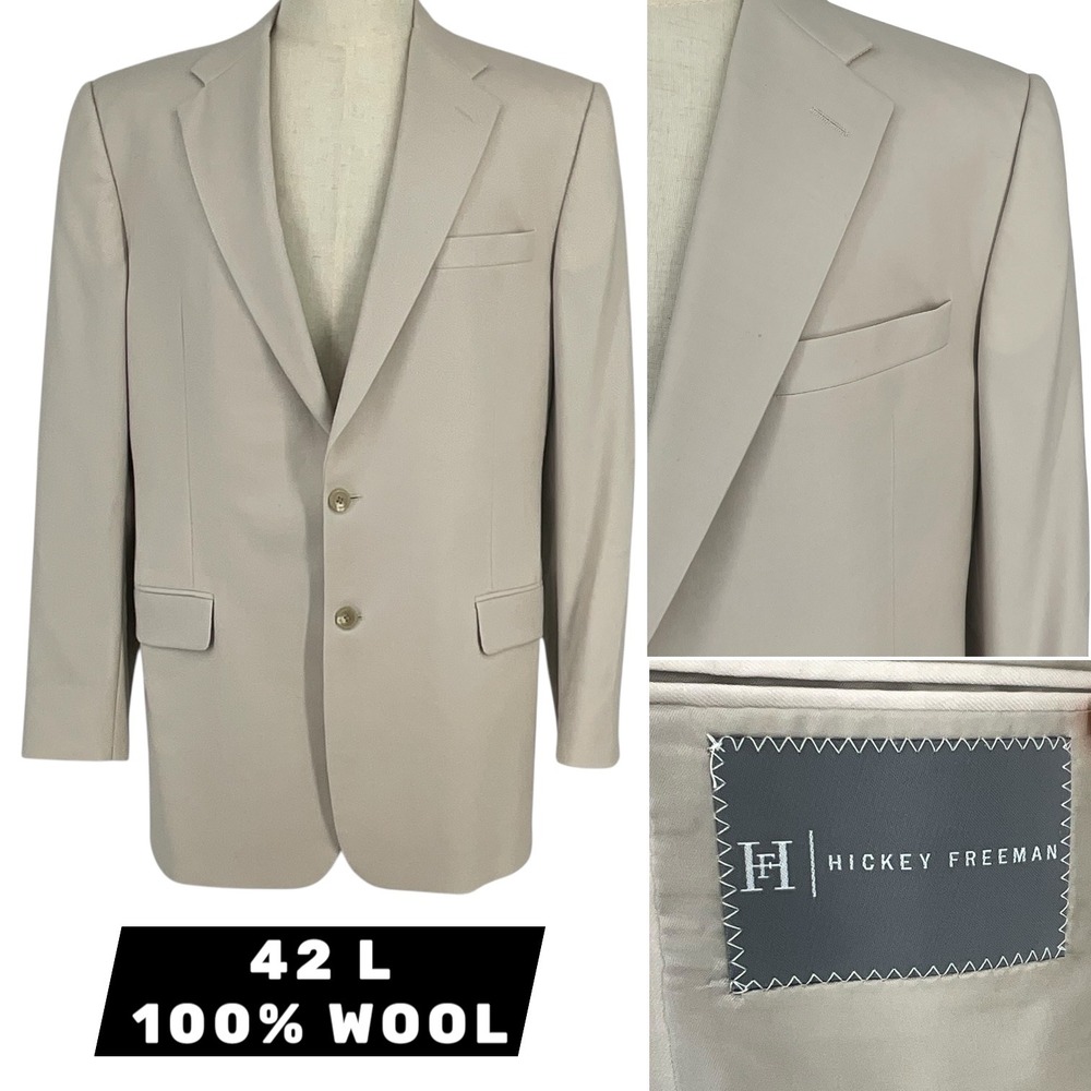 Hickey Freeman Mens 42L Wool Blazer Beige Tan 2 Button Sport Coat Jacket